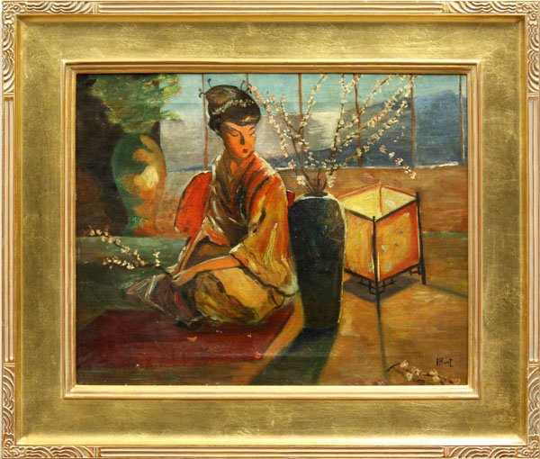 Painting, Esther Anna Hunt, Japanses Woman Sittin: Framed oil on canvas, Portrait of a Japanese Woman Sitting, circa 1910, by Esther Anna Hunt (Californian, 1875-1951), signed ''E.Hunt'' lower right, sight: 15.5''h x 19.5''w, overall: 23''h x 27''w