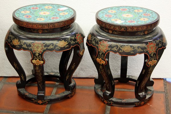 Pair Chinese Ebonized Wood Stools/Cloisonne Plaqu: Pair of Chinese ebonized wood stools, each circular top inset with a cloisonne enamel plaque with bright blossoms with scrolling leafy tendrils on a turquoise ground, the gilt and pigment decorated ap