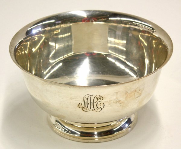 Sterling silver bowl: Shreve & Co. sterling silver footed bowl, the Paul Revere reproduction having a monogramed round form raised on an ogee footed base, 9.20 troy ounces