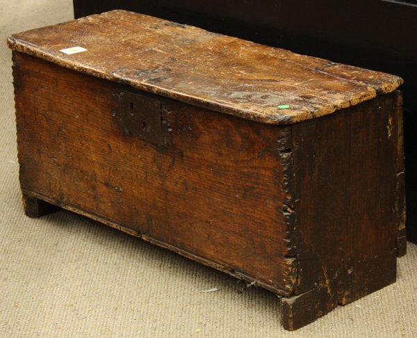 Small box: 17th/ 18th century English oak diminutive hinged chest, the six board chest with original escutcheon and retains an old finish 15.5''h x 32''w x 12.5''d