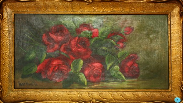 Painting, Still Life with Red Roses: Framed oil on canvas, Still Life with Red Roses, signed indistinctly lower left (Jane Kellettie?), overall: 13''h x 23''w