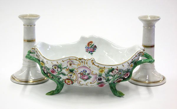 German Meissen polychromed porcelain center bowl: (lot of 3) German Meissen polychromed porcelain center bowl, the exterior designed with mulit-colored applied flowers, hand-painted floral reserves, and gilt accents, the stem form handles terminating