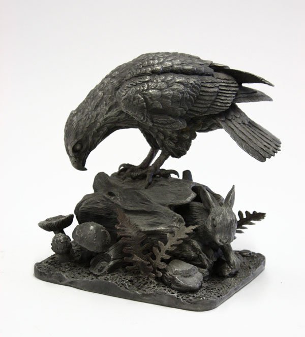 Bronze figural group: Bronze figural group featuring a raptor perched on a log hunting a rabbit, with foliate and funghi details by William H. Turner, 1977, signed and numbered