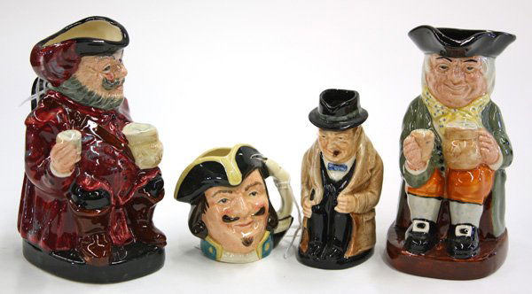 Royal Doulton character jugs: (lot of 4) Royal Doulton character jugs consisting of ''Happy John'' 5''; ''Falstaff'' 5.25''; ''Winston Churchill'' 3.75''; and ''Captain Henry Morgan'' 2''