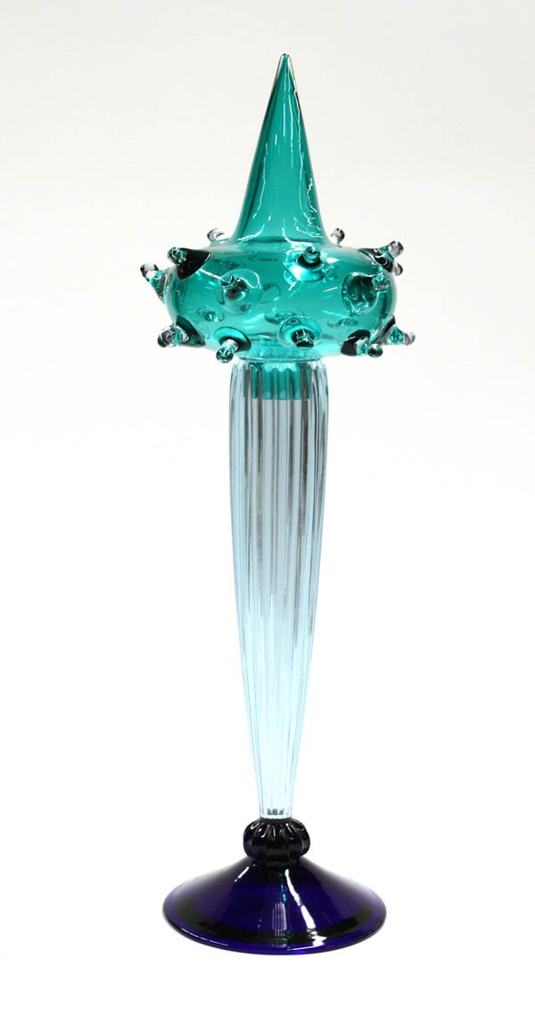 David Palterer art glass vessel: David Palterer art glass vessel having sea urchin inspired top section in green resting upon a tapering fluted clear glass vessel terminating in a deep blue circular foot, artist signed and numbered t