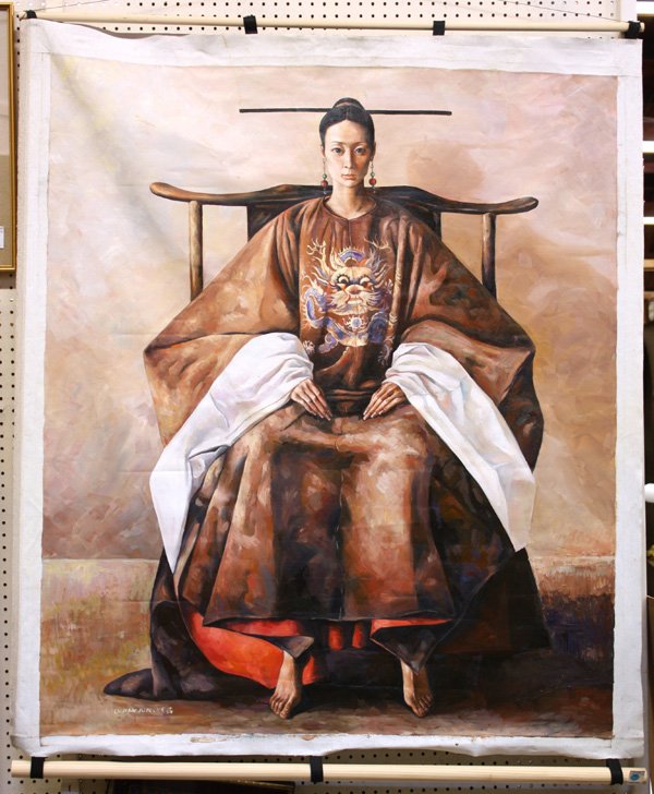 Painting, Lu Jian Jun, Lady in Imperial Robe: Unframed oil on canvas, Lady in Imperial Robe, after Lu Jian Jun (Chinese, b. 1960), signed in English ''Lu Jian Jun,'' dated '05 and followed by ''Lu'' in Chinese lower left, canvas: 59''h x 51''w, o