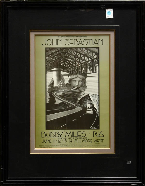 Poster, Fillmore West, John Sebastian: Framed offset color poster, John Sebastian, Buddy Miles, and Rig, June 11-14, 1970, by David Singer (American, 20th Century), signed lower left, overall: 34''h x 26.25''w