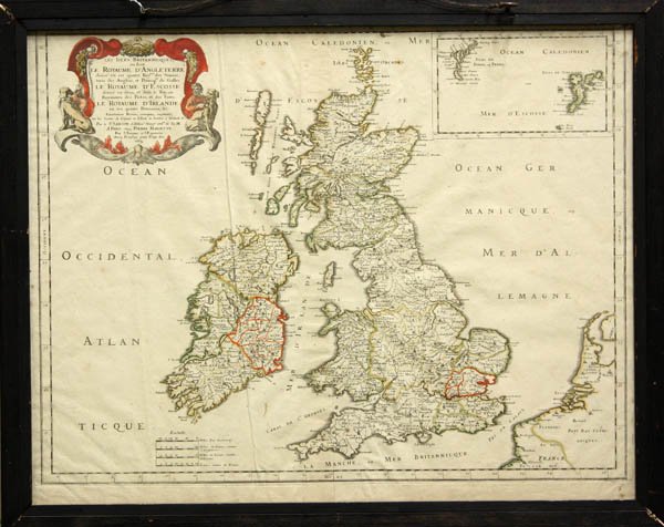 Map, after John Speed, British Isles: Framed double-sided engraved and handcolored map, ''Les Isles Brittanicques,'' original from 1665, later copy after Nicholas Sanson (French, 1600-1667), based on maps by John Speed; and ''Carte des Is