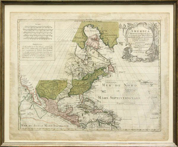 Map, Tobias Lotter, Americae Septentrionalis: Framed handcolored engraved map, ''America Septentrionalis...,'' by Tobias Lotter(1717-1777), plate signed lower right, map: 20.625''h x 25.375''w, overall: 23.5''h x 28.25''w