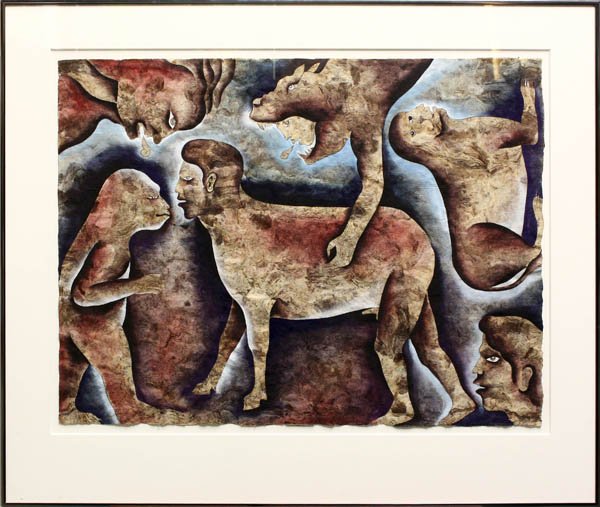 Watercolor, Cecilio Sanchez, Men & Animals: Framed watercolor on ormate paper, Men & Animals, by Cecilio Sanchez (Californian, Contemporary), signed middle left, documentation affixed verso, overall: 32.25''h x 38.25''w