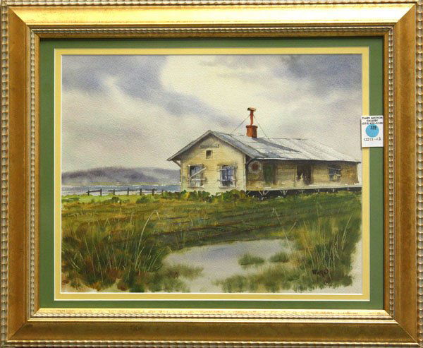 Watercolor, William Ward, Train Depot, South Bend: Framed watercolor, South Bend Abandoned Train Depot, by William Ward (Californian, 1901-1985), signed lower right, overall: 20''h x 24''w