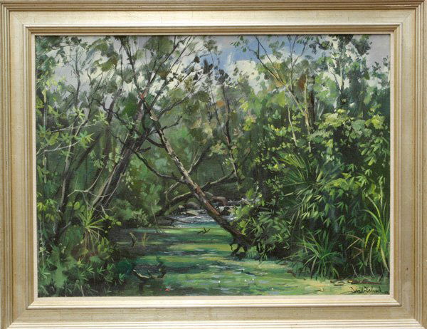 painting, David Badcock, Australian, plein air: Framed oil on canvas board, ''Bulgium Creek,'' 1989, by David Badcock (Australian, b. 1960), signed ''David Badcock'' lower right, inscribed verso, sight: 17''h x 23''w, overall: 21.5''h x 27.5''w