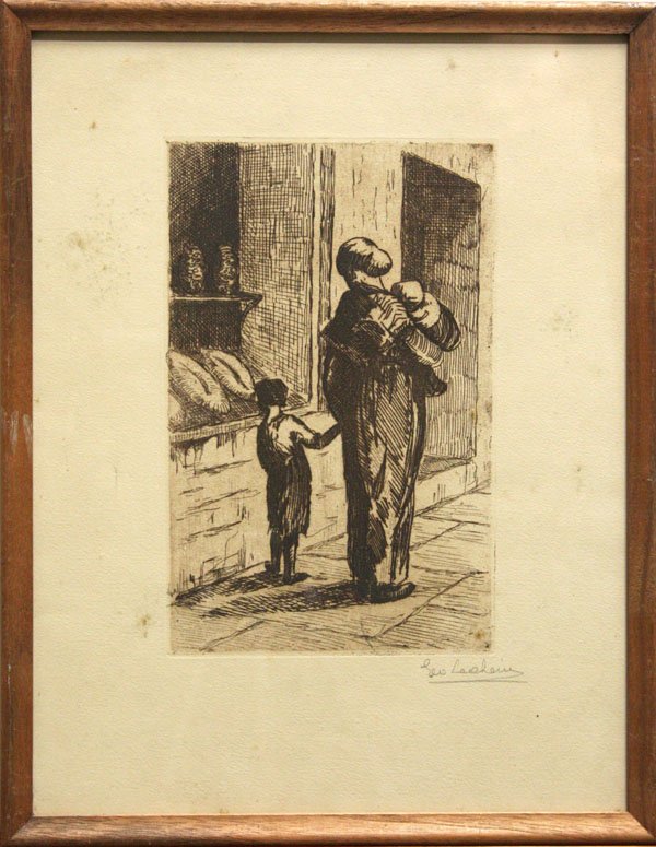 Etching: Framed etching, Mother and Child Walking, pencil signed indistinctly lower right (Leo Leuheim?), overall: 13.75''h x 10.75''w