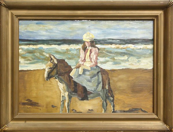 Painting, Girl Riding a Donkey on the Beach: Framed oil on board, Girl Riding a Donkey on the Beach, in the manner of Isaac Israels (Dutch, 1865-1934), bears signature lower left, overall: 14''h x 18.25''w