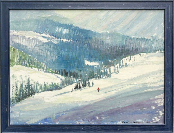 Painting, Richard Chase, Cross Country Skier: Framed oil on board, Cross Country Skier in Vast Winter Landscape, by Richard Chase, signed lower right, overall: 20.5 x 26.5