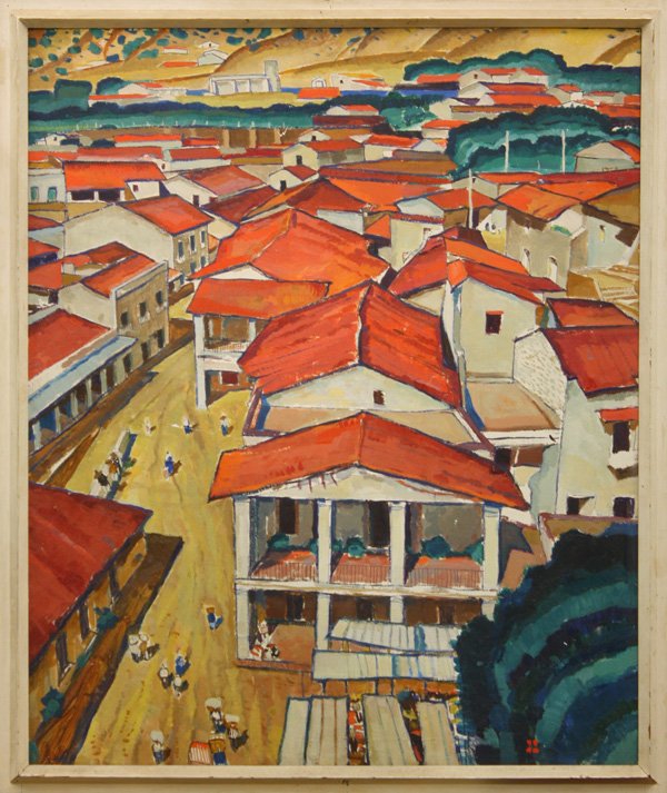 Painting, Bird's Eye View of a City Red Roofs: Framed oil on masonite, Bird's Eye View of a City with Red Roofs, indistinct monogram lower right, overall: 36''h x 30.5''w