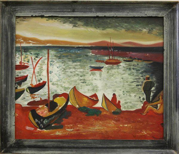 Painting, after Andre Derain, Harbor Boats: Framed oil on canvas, ''Harbor Boats,'' after Andre Derain (French, 1880-1954), unsigned, label affixed verso, overall: 24.5''h x 28.5''w