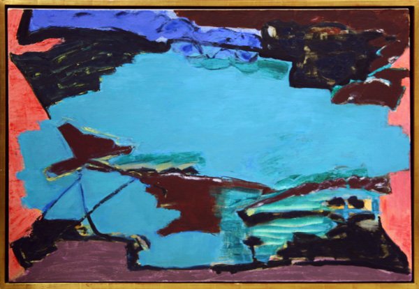 Painting, Claire Seidl, Abstract in Blue: Framed oil on canvas, Abstract in Blue, by Claire Seidl (American, b. 1952), signed and dated ''Claire Seidl 1987'' verso, 1987, sight: 32''h x 46''w, overall: 35''h x 48.5''w. Provenance: Museum deac