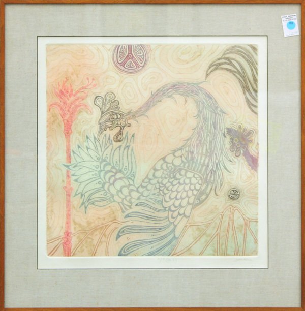 Aquatint, Jesse Allen, Exotic Bird: Framed aquatint etching, Exotic Bird, by Jesse Patrick Allen (American, b. 1936), signed in pencil ''Jesse Allen'' lower right, artist's proof, sight: 17.5''h x 17.5''w, overall: 26''h x 26''w.