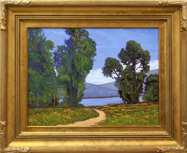 Painting, JD Rasberry, Wildflowers at Berrisee: Framed oil on canvas, ''Wildflowers at Berrisee,'' by JD Rasberry (Californian, Contemporary), signed ''JD Rasberry'' lower right, sight: 17.5''h x 23.5''w, overall: 27''h x 33.5''w.
