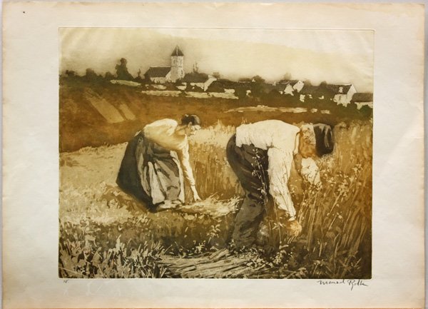 Aquatint, Manuel Robbe, Workers in a Field, Grain,: Unframed color aquatint, Workers Harvesting Grain in a Field, by Manuel Robbe (French, 1872-1936), pencil signed ''Manuel Robbe'' lower left, numbered 18 lower left, plate: 14.2''h x 18''w, sheet: 17.