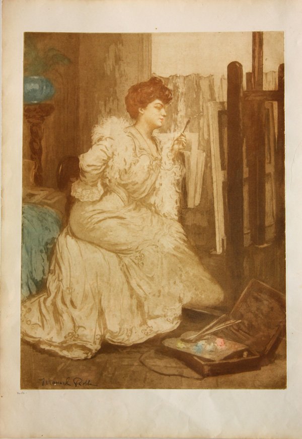 Aquatint, Manuel Robbe, Devant le chevalet, Easel,: Unframed color aquatint, ''Devant le Chevalet,'' 1906, by Manuel Robbe (French, 1872-1936), pencil signed ''Manuel Robbe'' lower left, pencil numbered 16 lower left, plate: 19.625''h x 14.4''w, sheet: