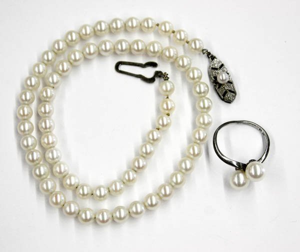 Two piece jewelry set,: Two piece jewelry set, including; a cultured pearl and silver ring and a 5.5-5.8 mm cultured pearl necklace with silver clasp. Necklace lenth 15.5''. Both with Mikimoto makers mark.