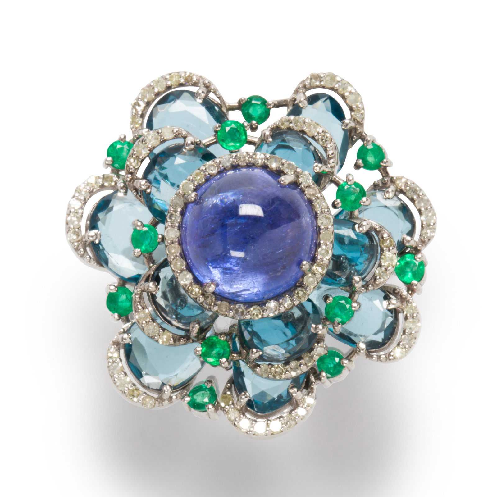 A tanzanite, blue topaz, emerald and diamond ring (1 of 2)