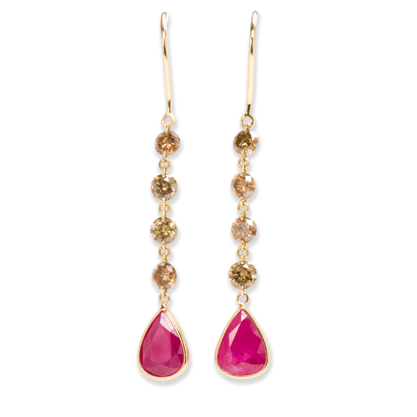 A pair of ruby, cognac diamond and eighteen karat gold: A pair of ruby, cognac diamond and eighteen karat gold earrings each designed as a pear-cut ruby, suspending from a line of spectacle-set round brilliant-cut cognac diamonds; estimated total ruby weig