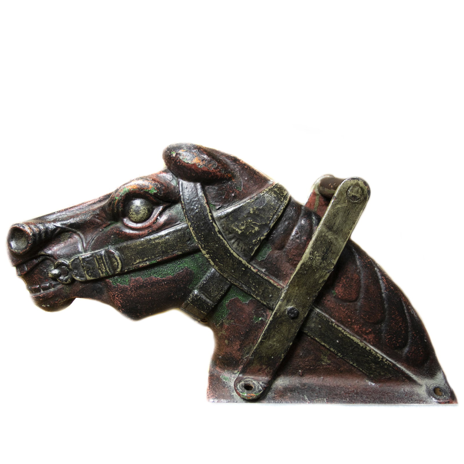 Victorian cast iron carousel horse kiddie ride head: Victorian cast iron carousel horse kiddie ride head, retains remnants or original pigment and later crimson paint, 12"h x 21"l