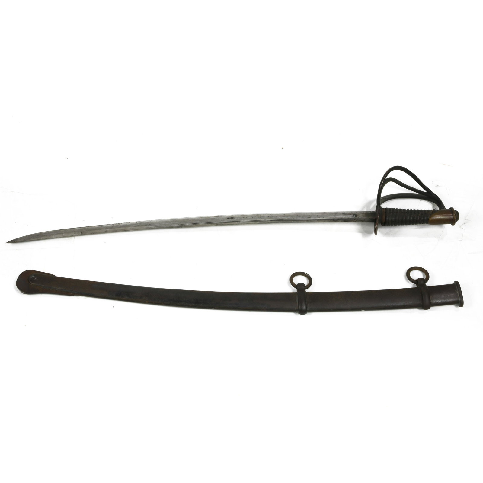 European sword, a brass knob form pommel, a curved: European sword, a brass knob form pommel, an ebonized wood grip, a curved blade, a brass basket guard, steel scabbard with a rounded toe, length 33.5"l