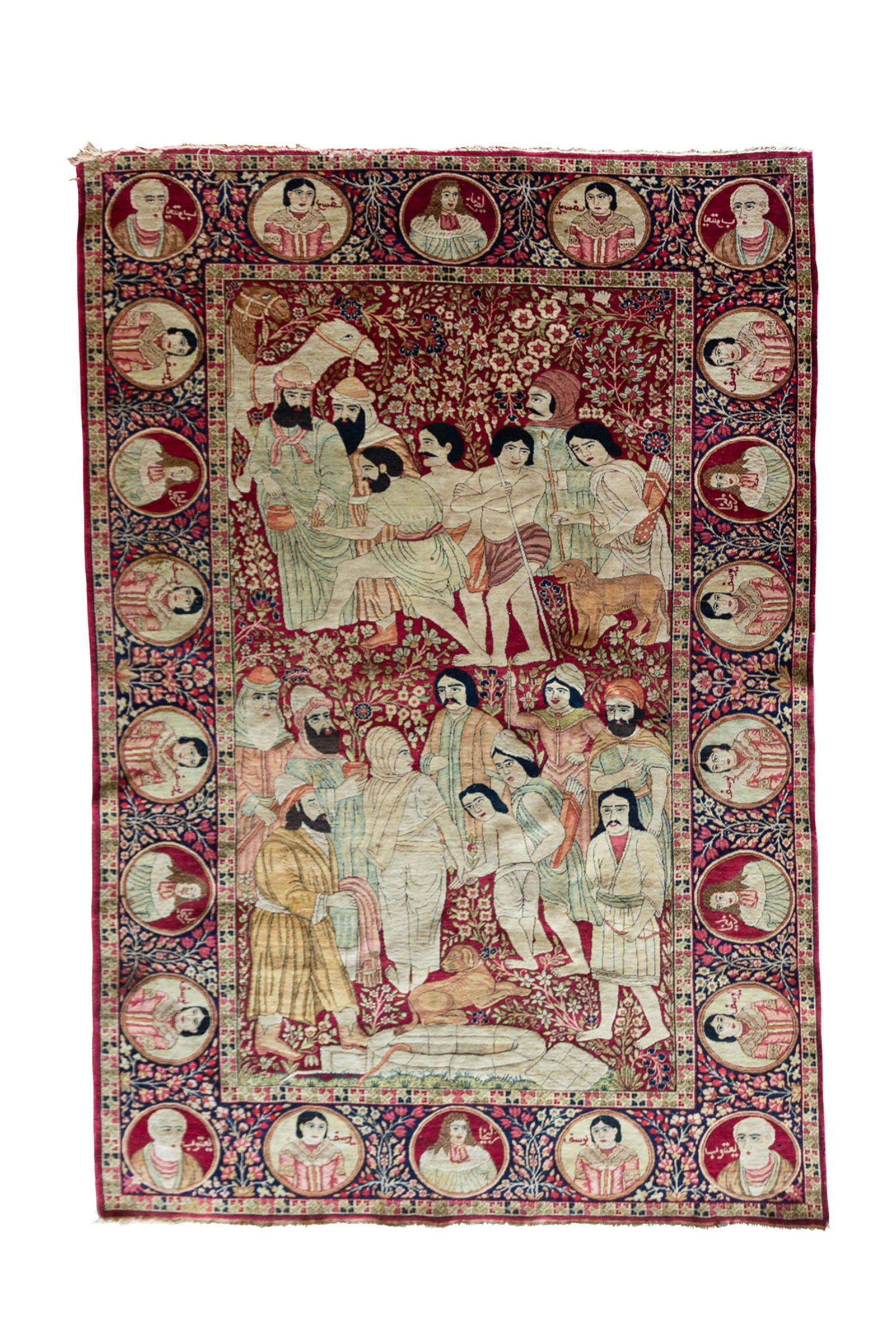 Persian antique scenic Kerman carpet depicting Yusuf: Persian antique scenic Kerman carpet depicting Yusuf and Zulaikha, and the story of Yusuf at the well, the border with alternate biblical figures, 4'7" x 7'2"