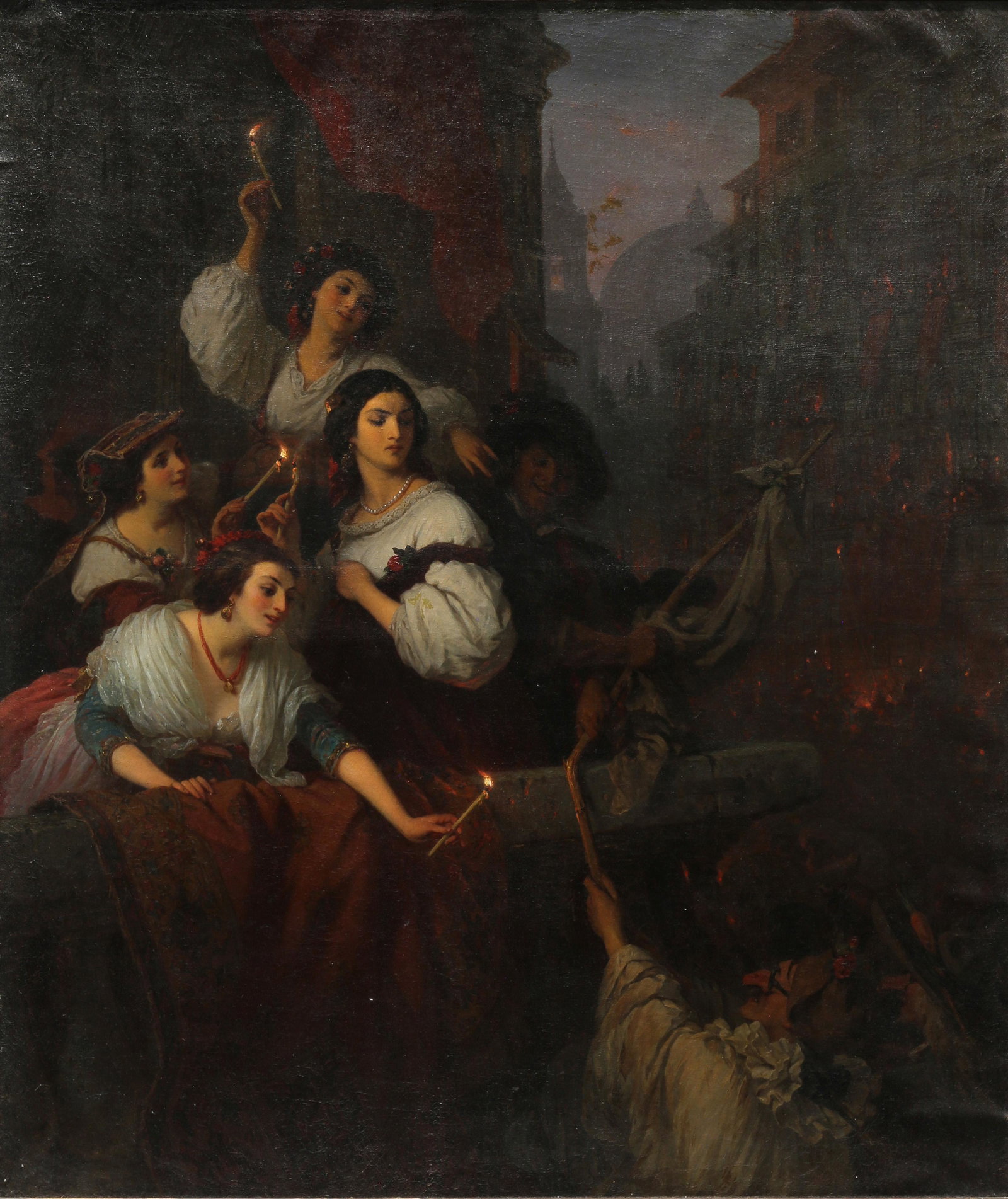 Painting, Constantin Johannes Franz Cretius: Constantin Johannes Franz Cretius (German, 1814-1901), Carnival, oil on canvas, signed lower right, canvas: 48.5"h x 41"w, overall (with frame): 58"h x 50"w
