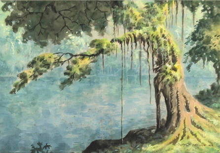 Watercolor, Donald Teague: Donald Teague (American, 1897-1991), Bayou, watercolor on paper, signed lower right, sight: 8"h x 12"w, overall (with frame): 18.5"h x 22.5"w