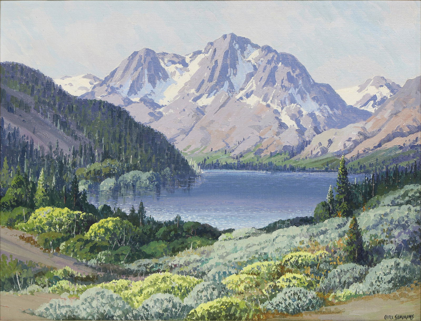 Painting, Carl Sammons: Carl Sammons (American, 1883-1968), "Silver Lake - Carson Peak - High Sierra," 1952, oil on canvas, signed lower right, titled and dated verso, sight: 20"h x 26"w, overall (with frame): 25"h x 31"w