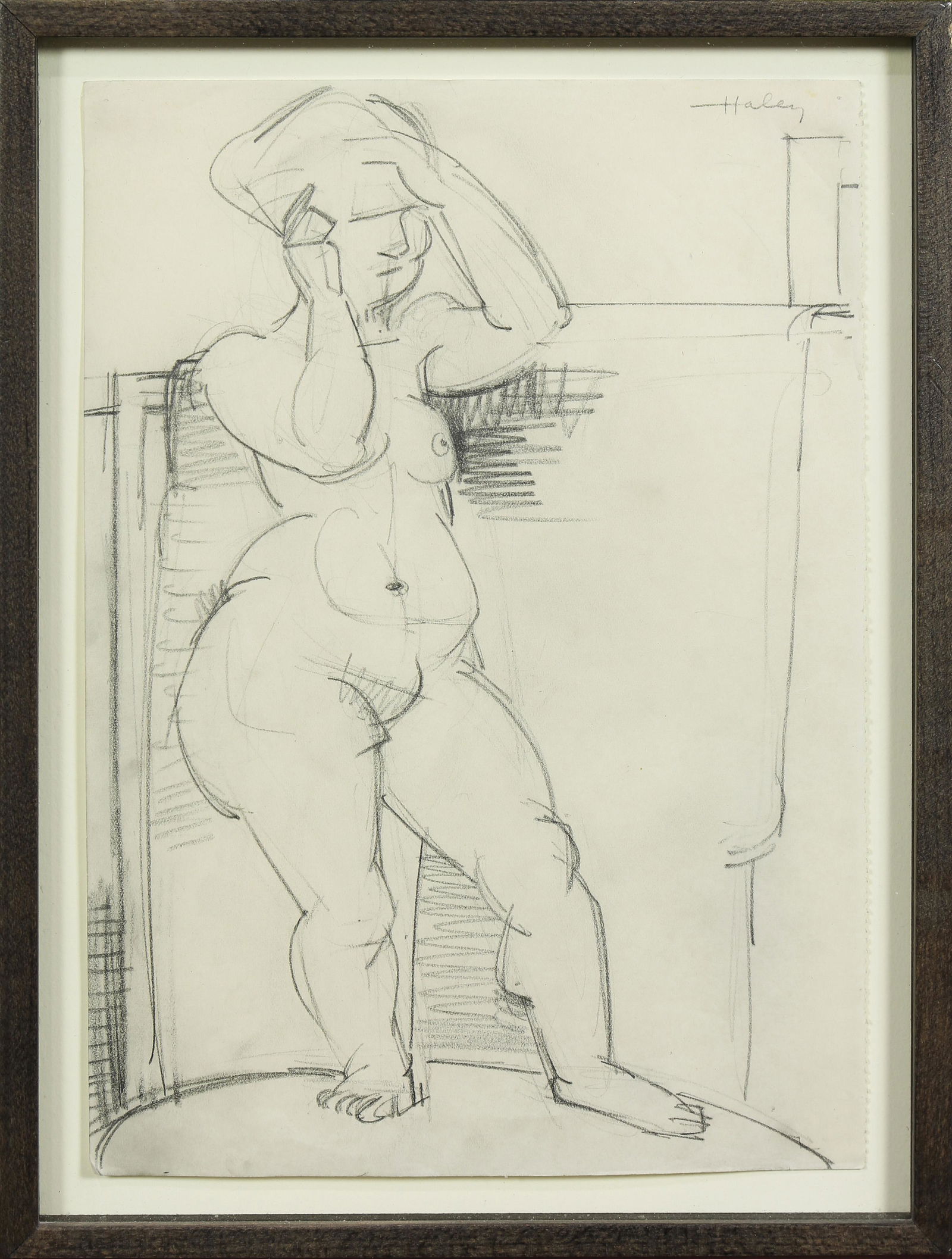 Works on Paper, John Haley: (lot of 6) John Charles Haley (American, 1905-1991), Standing Nude, Two Horses, Figures Looking through Window (in color), Figures Looking through Window, Engine, and Bricklayers, graphites on paper,