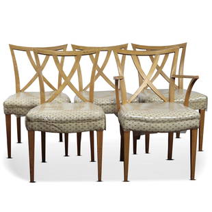 (lot of 5) Paul Frankl for Brown Saltman dining chairs: (lot of 5) Paul Frankl for Brown Saltman dining chairs, consisting of (4) side chairs and (1) armchair, 33.5"h