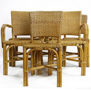 (lot of 8) Rattan dining suite: (lot of 8) Rattan dining suite, in the manner of Paul Frankl, consisting of a table having a rectangular top, above shaped legs, 30"h x 72"w x 40"d, together with (4) armchairs, 34.5"h, and (2) side c