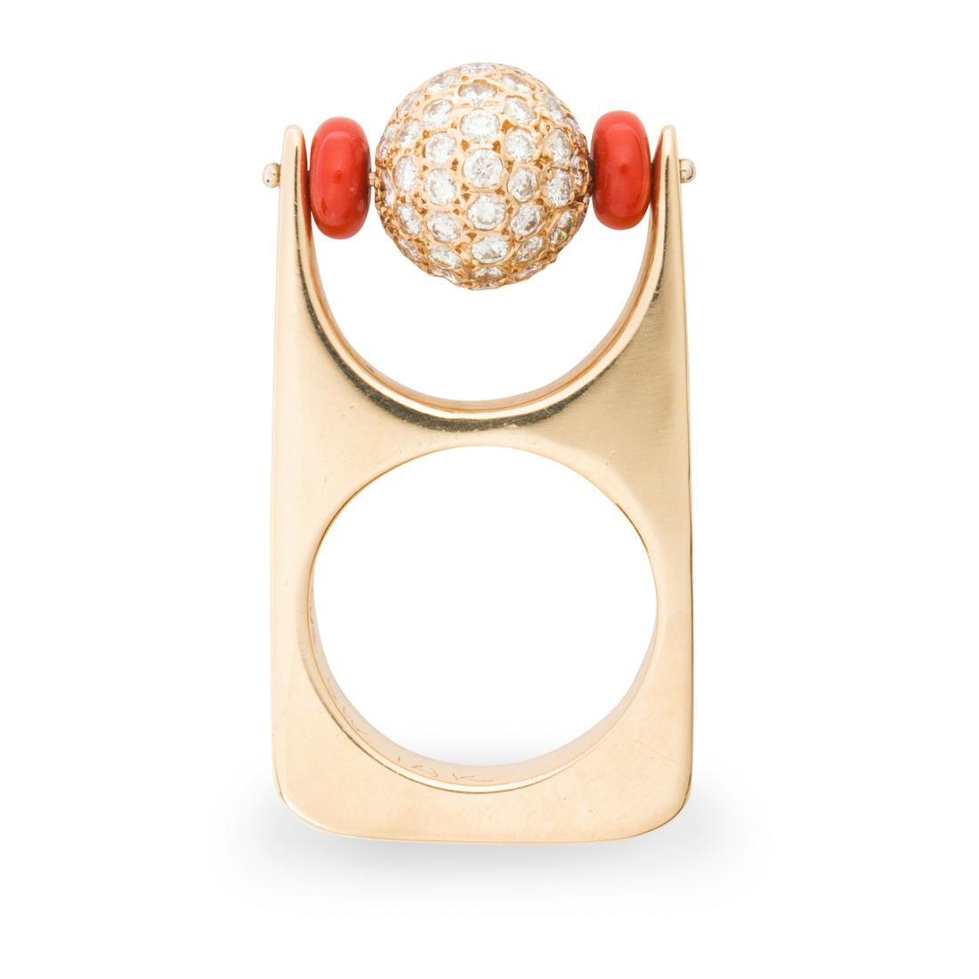 A diamond, coral and fourteen karat gold ring (1 of 2)