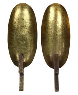 Herve Van der Straeten, 'Coque' sconces, pair: Herve Van der Straeten, 'Coque' sconces, pairFrance, circa 2004, hand-hammered brass and patinated bronze, each retains HV raised mark verso, 25.5"h x 8.25"w x 5.75" d