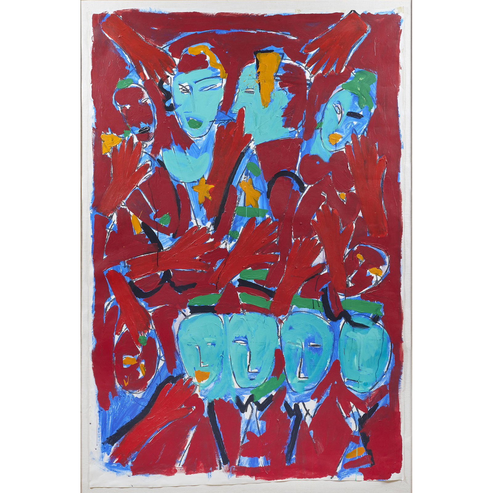 Painting, Bruce Mclean: Bruce Mclean (American, b. 1944), "Untitled," 1981, acrylic and wax crayon on photographic paper laid down on canvas, gallery label (Anthony d'Offay, London, UK) affixed verso, sheet: 82.5"h x 54"w, o