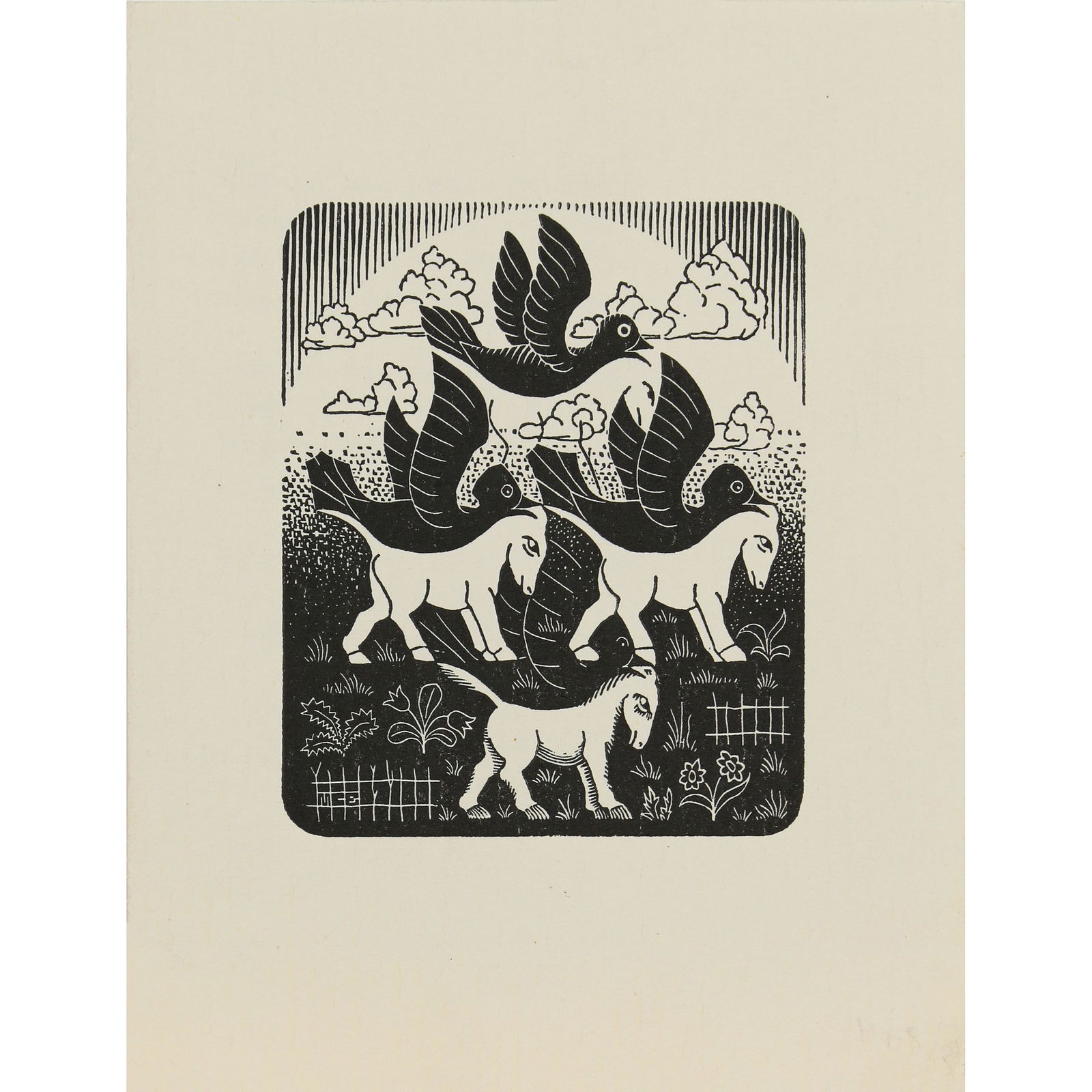 Prints, M.C. Escher: (lot of 3) M.C. Escher (Dutch, 1898-1972), New Years Cards, 1972, woodblock prints, with accompanying printed poem by Henriette Roland Holst, issued by the Henriette Roland Holst Foundation, two monog
