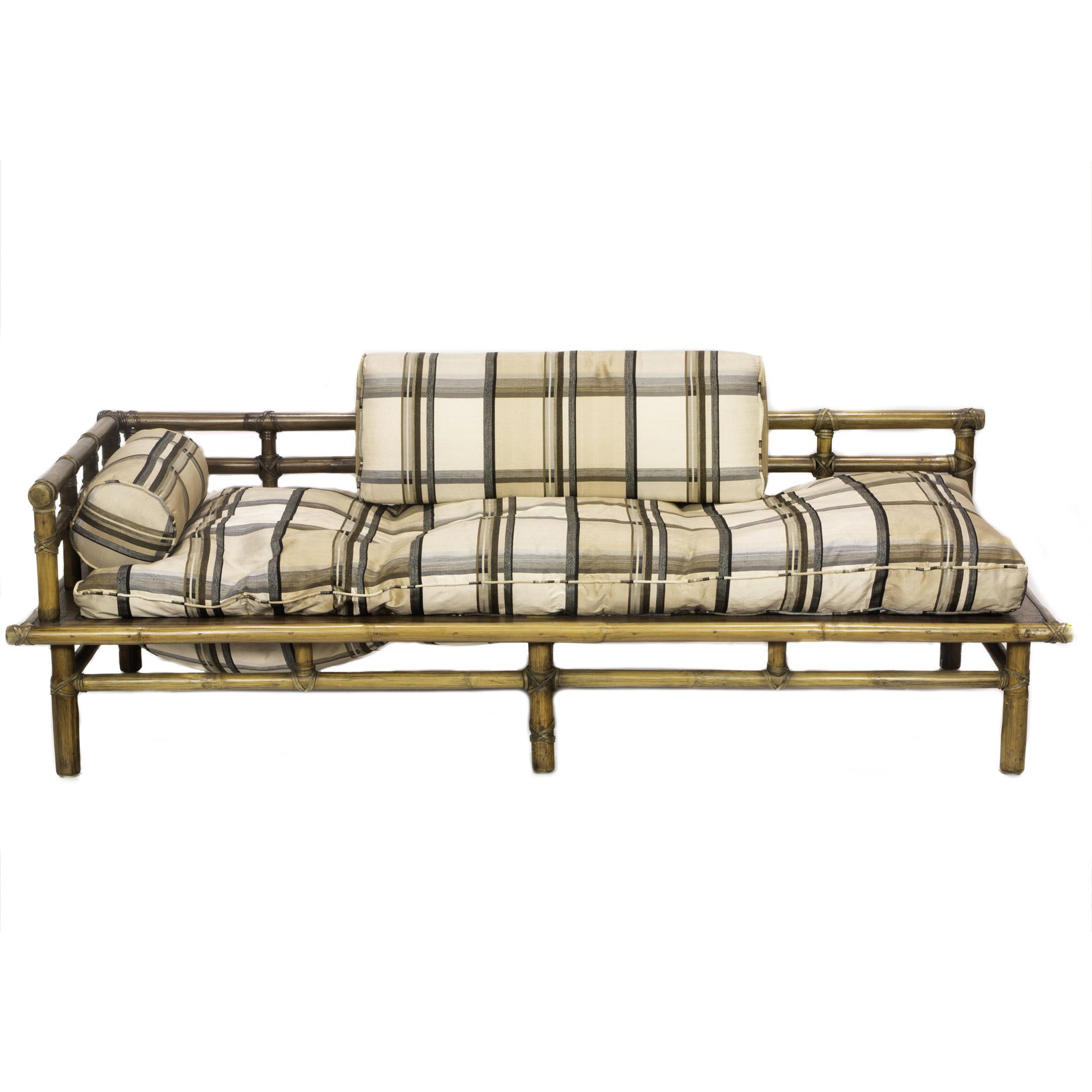 McGuire daybed, faux bamboo frame: McGuire daybed, faux bamboo frame, executed in the Asian taste, label on frame seat, 23 3/4" x 80"x 33", missing straps for seat