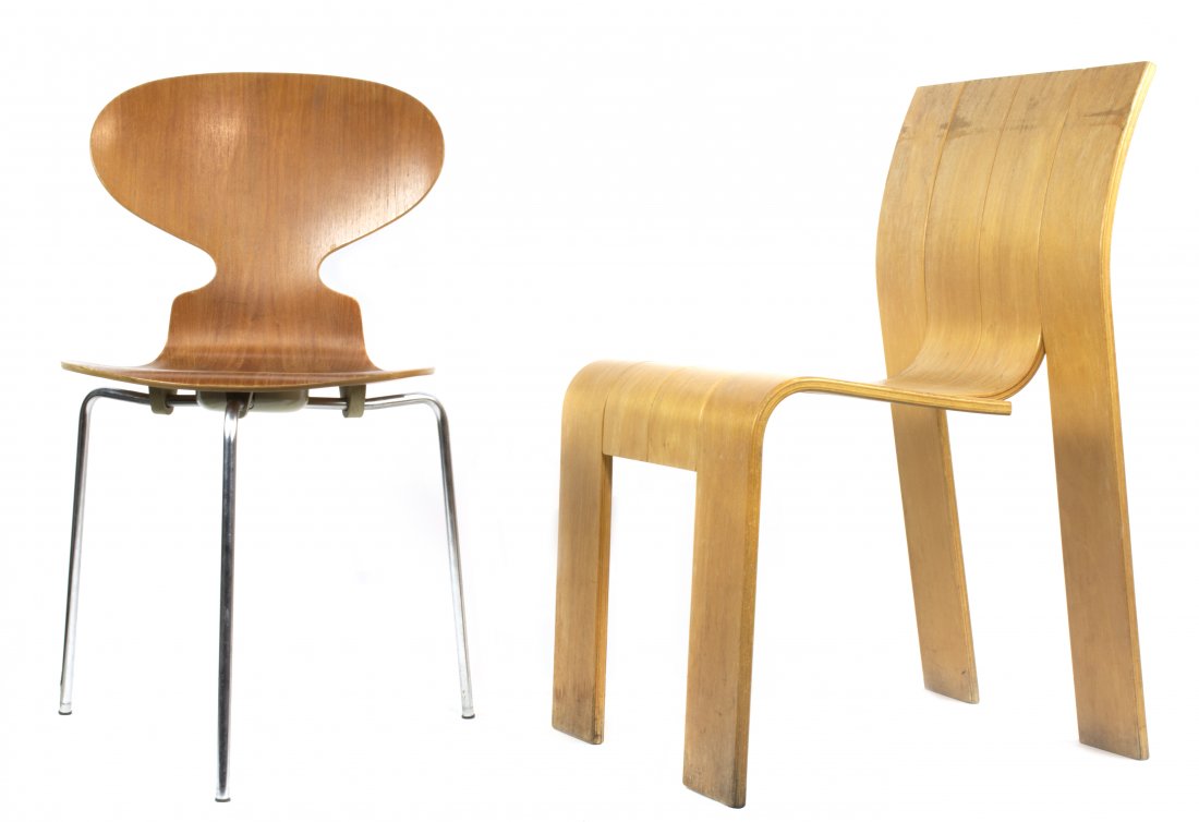 (lot of 2) Gijs Bakker Strip chair: (lot of 2) Gijs Bakker Strip chair, Netherlands, 1970s, laminated ash, bearing a partial Castelijn label, 31"h, together with an Arne Jacobsen 'Ant' chair, 30"h