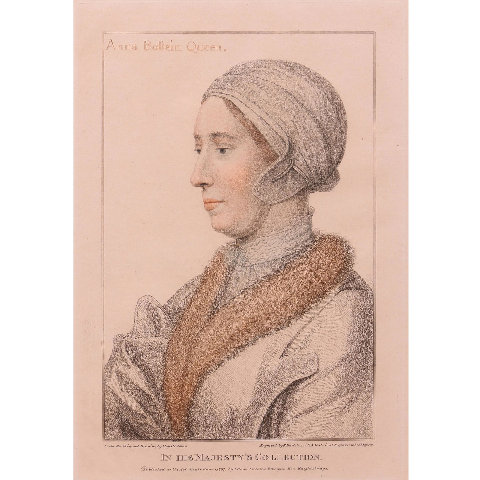 Prints, After Francesco Bartolozzi: (lot of 4) After Francesco Bartolozzi (Italian, 1727-1815), "Edward VI," "M-Souch," "Sir Nicolas Poines, Knight," and "Anna Bollein, Queen," handcolored engravings, later printings, after the painting