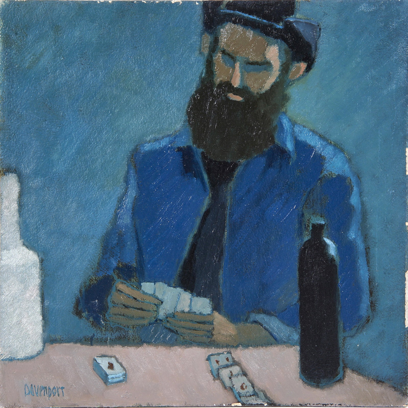 Painting, Jill Davenport: Jill Davenport (American, 20th century), Card Player, oil on board, signed lower left, board (unframed): 12"h x 12"w