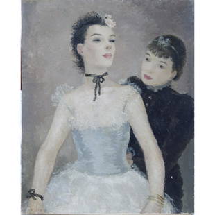 Painting, Dietz Edzard: Dietz Edzard (German, 1893-1963), "Danseuse et son Habilleuse (Dancer and her Dresser)," 1938, oil on canvas, signed faintly lower left, artist label with date and title affixed stretcher bar verso, c