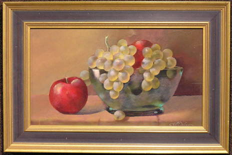 Oil/board, Anton van Dalen: Framed oil on board, Still Life of Grapes and Apples by Anton van Dalen, (Dutch 20th century), signed lower right, image: 8.5''H x 14''H'', frame: 12''H x 18''W x 1''D