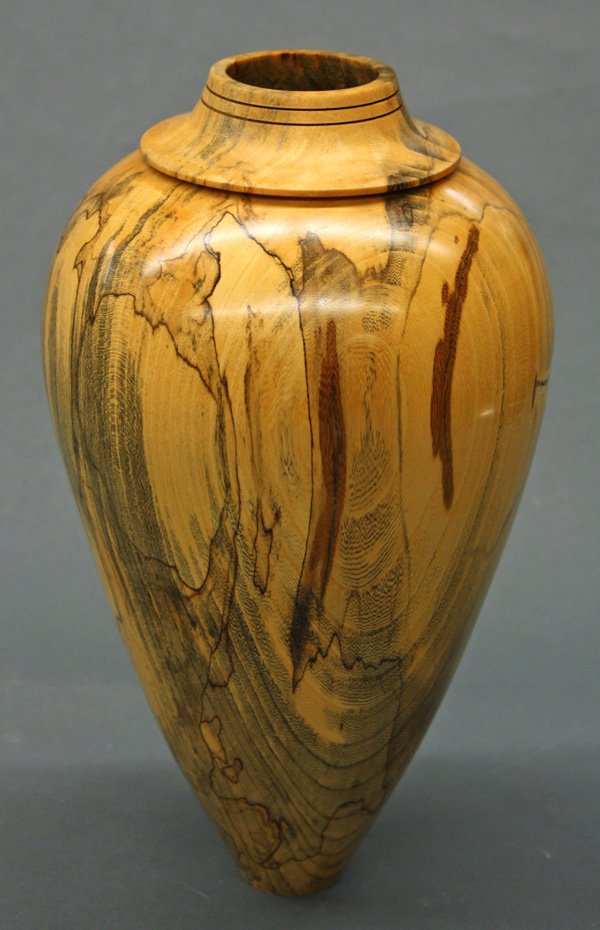 Robert Weber wood turned bowl executed in maple: Robert Weber wood turned bowl executed in maple, the incised neck above a highly figured body of tapering form, signed Weber, 1993 9''h. Provenance: Museum Deaccession.