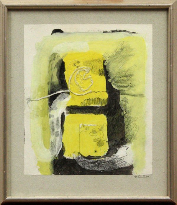 Mixed media, Nell Sinton, Abstract with Yellow: Framed mixed media on paper, Abstract in Black and Yellow, by Nell Sinton (American, 20th Century), signed ''N. Sinton'' lower right, sheet: 10.25''h x 8.75''w, overall: 14.1''h x 12.3''w